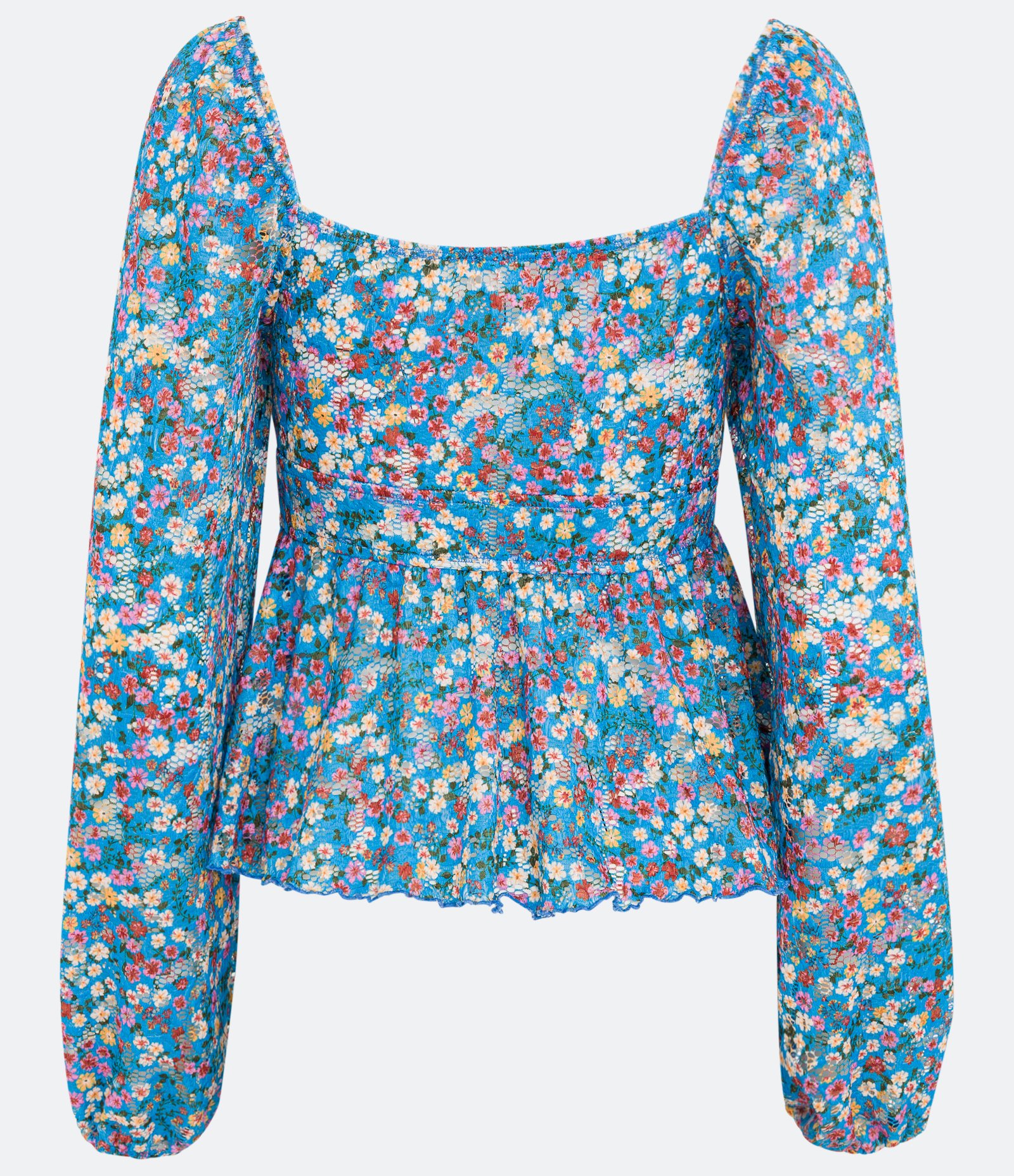 Blusa em Renda com Amarração e Estampa de Florezinhas Azul 7