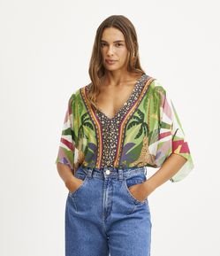 Body em Tule com Manga Godê e Estampa Tropical com Onças