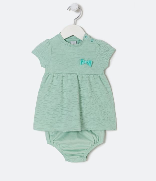 Vestido Infantil com Textura Lacinho Aplicado e Acompanha Calcinha - Tam 0 a 24 meses