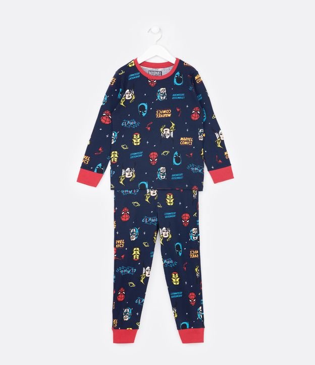 Pijama Largo Infantil en Ribana con Estampado Super Heróis - Talle 4 a 10 años Azul 1