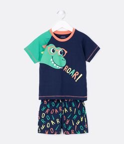 Pijama Curto Infantil com Barbatanas em 3D na Manga e Estampa Dininho - Tam 1 a 4 Anos