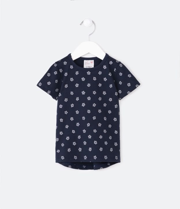 Blusa Infantil Canelada com Estampa de Mini Margaridas - Tam 1 a 5 Anos Azul Escuro 1