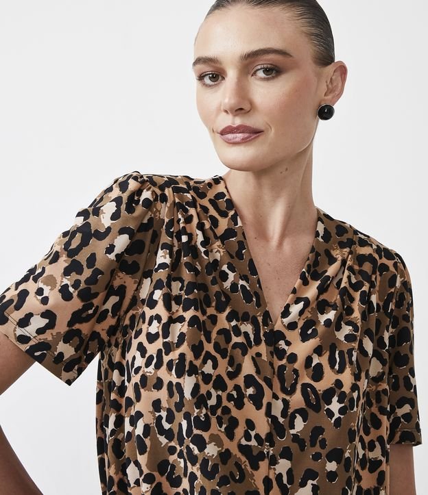 Blusa en Jersey con Hombrera y Estampado Animal Print Jaguar Marrón 3