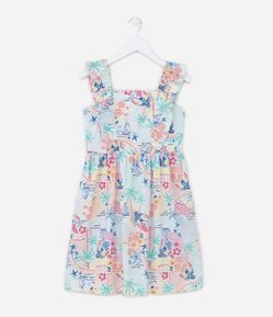 Vestido Infantil com Babadinhos e Estampa Tropical - Tam 5 a 14 Anos