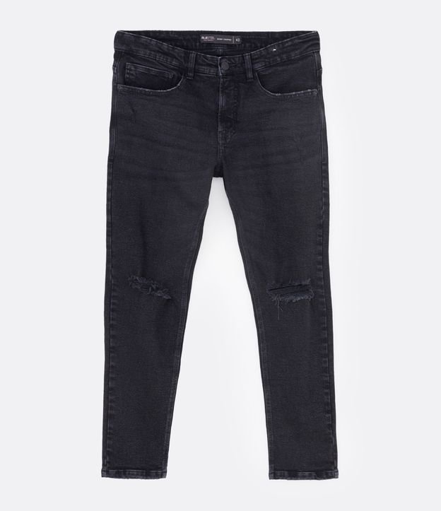 Calça Skinny Cropped Jeans com Puídos Preto 5