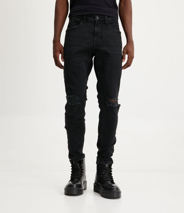 Calça Skinny Cropped Jeans com Puídos Preto 2