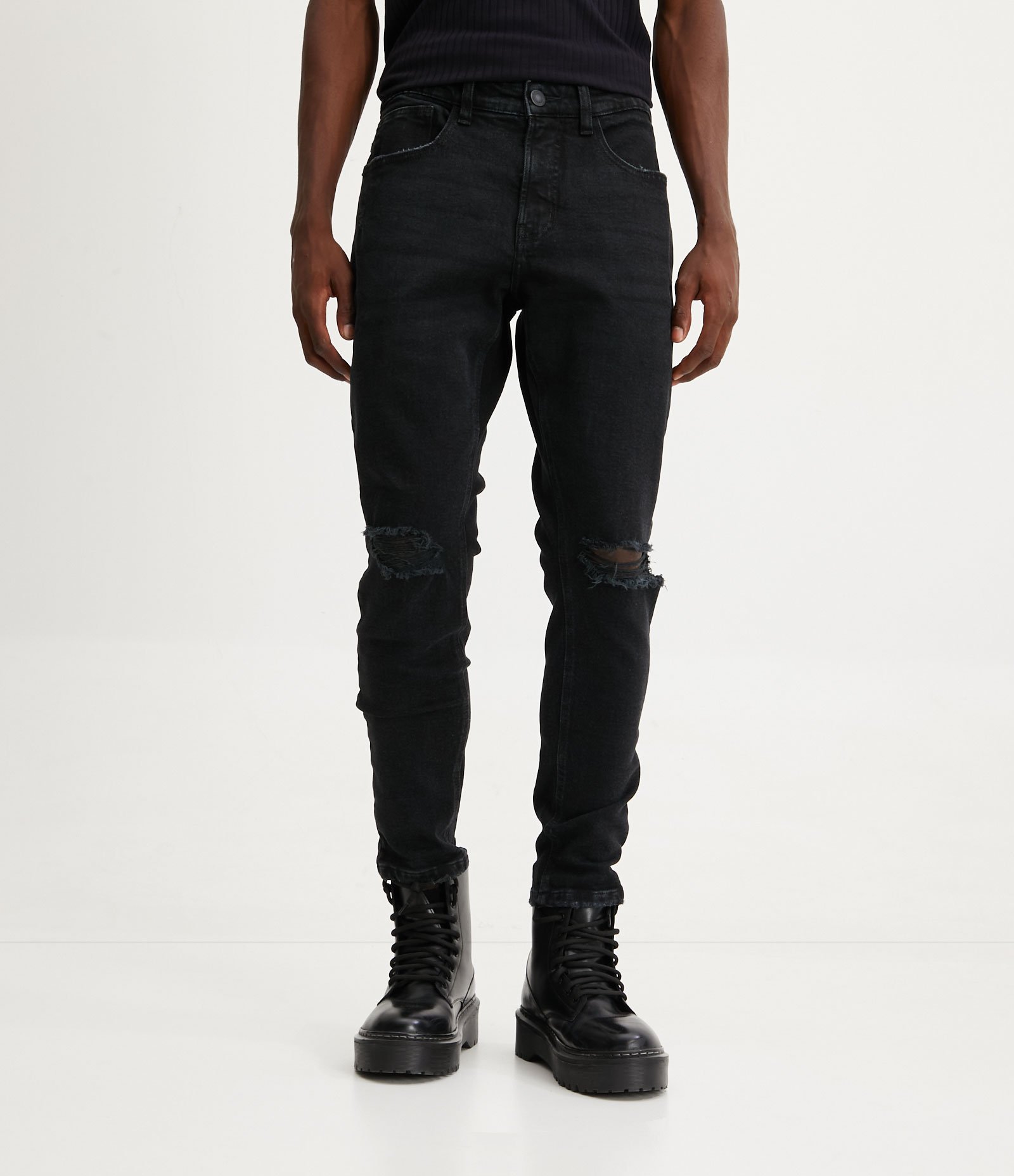 Calça Skinny Cropped Jeans com Puídos Preto 2