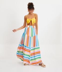 Saia Longa em Linho com Recortes e Listras