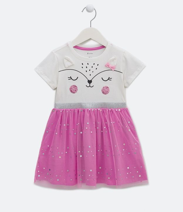 Vestido Infantil com Estampa Cara de Bichinho e Saia de Tule - Tam 1 a 5 Anos Rosa 1