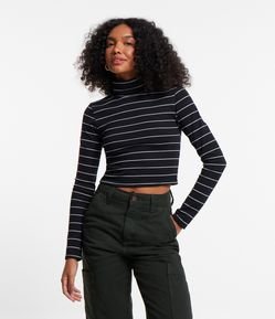 Blusa em Ribana com Gola Alta e Estampa Listrada