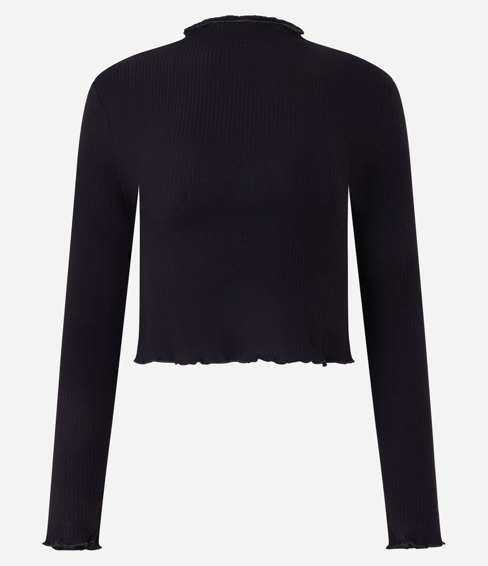 Blusa Cropped Manga Longa em Viscose Canelada com Frufru 1