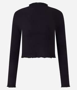 Blusa Cropped Manga Longa em Viscose Canelada com Frufru