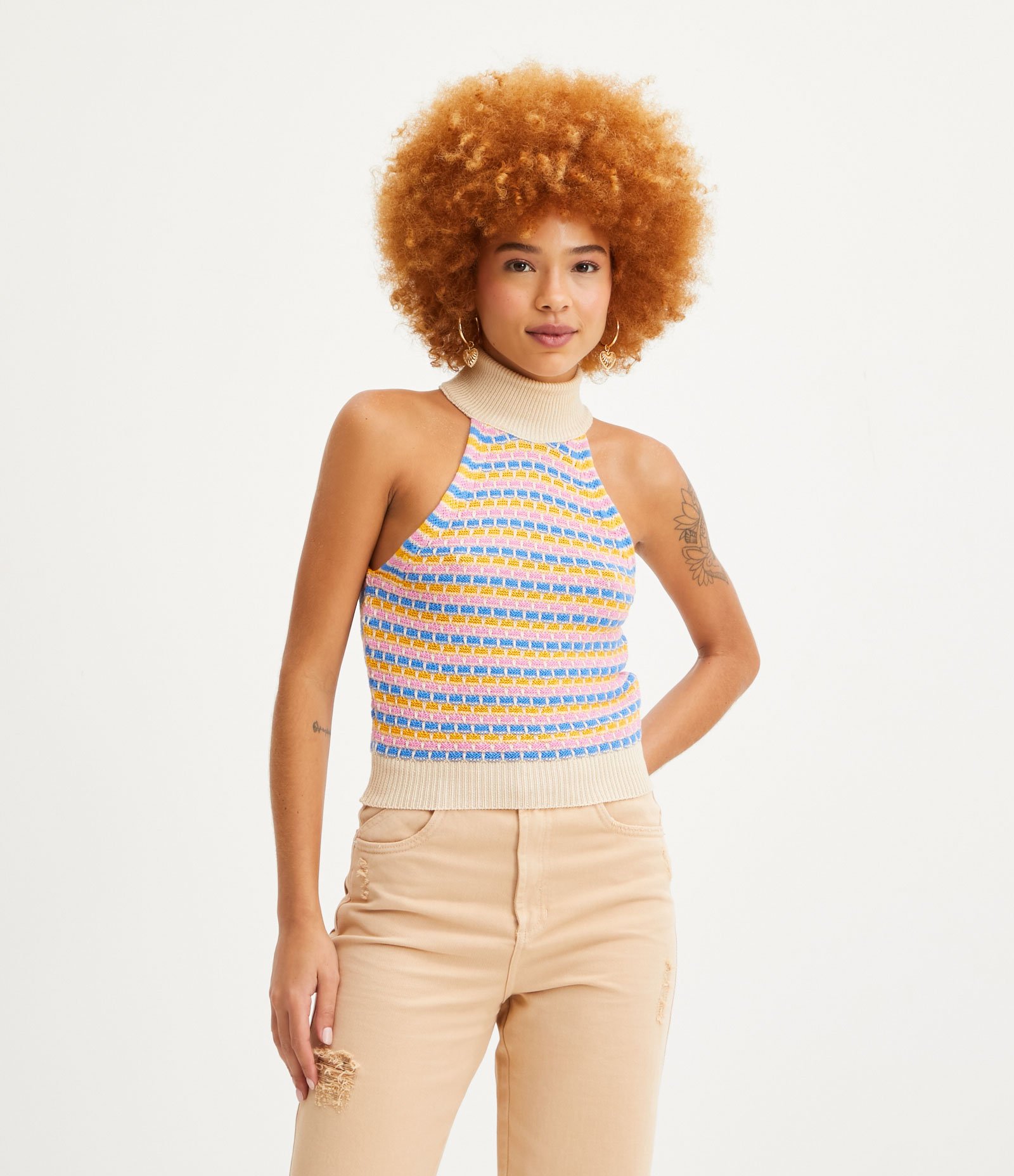 Blusa Sem Manga em Tricô com Gola Alta e Listras Coloridas Multicores 1