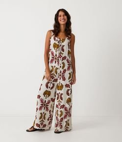 Macacão Midi em Viscolinho com Estampa Étnica e Amarração no Decote