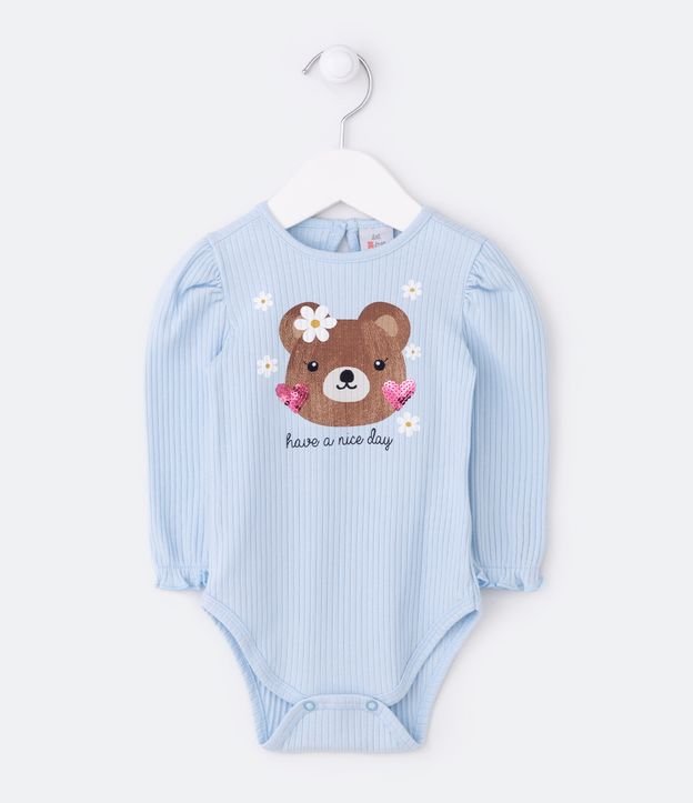 Body Infantil Canelado Estampa Ursinha com Corações de Paetê - Tam RN a 18 meses