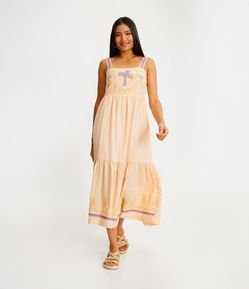 Vestido Midi de Alça em Linho com Bordados Tropicais