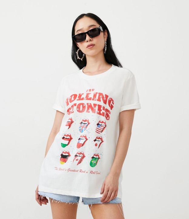 Camiseta em Meia Malha com Estampa Rolling Stones - Cor: Off White - Tamanho: PP