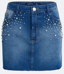 Saia Curta em Jeans com Barra Desfeita e Brilho