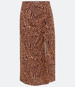 Saia New Midi em Viscolinho com Fenda e Estampa Animal Print Onça