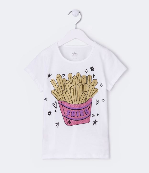 Blusa Infantil Manga Curta Meia Malha com Estampa de Batata Frita - Tam 5 a 14
