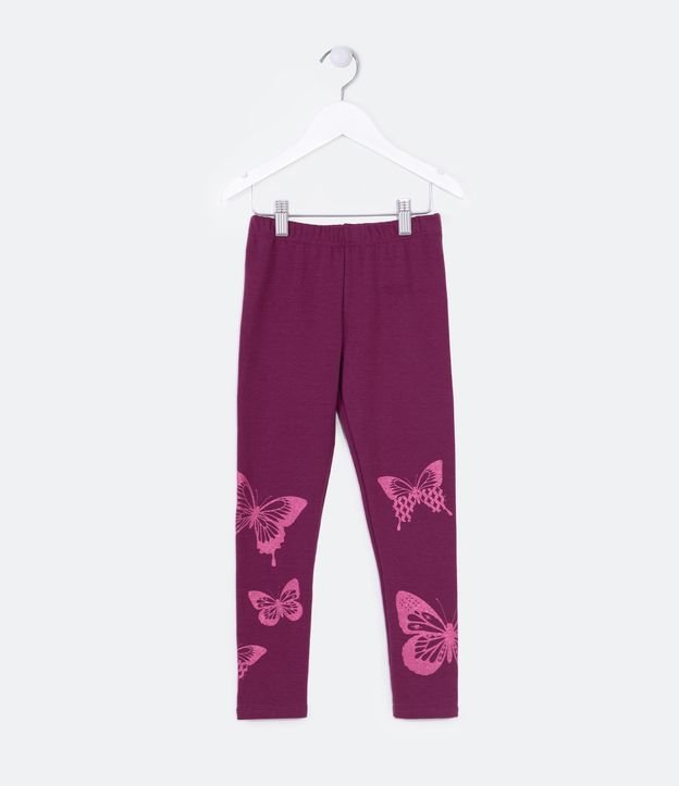 Pantalón Legging Infantil en Algodón con Estampado Mariposas de Brillos - Talle 5 a 14 años Violeta 1