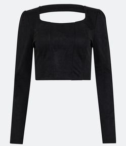 Blusa Cropped Corset em Material Sintético com Manga Longa