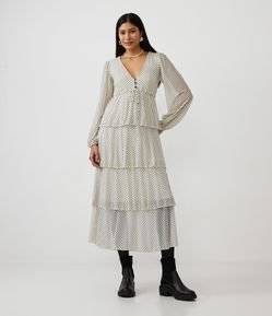Vestido New Midi em Tule com Manga Longa e Estampa Poá