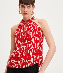 Blusa Sem Manga em Crepe com Babados e Estampa Abstrata