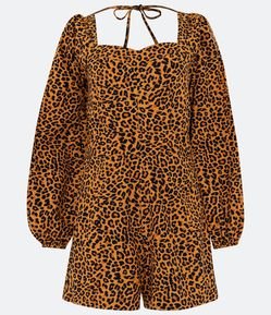 Macaquinho em Tricoline com Manga Longa e Estampa Animal Print Onça