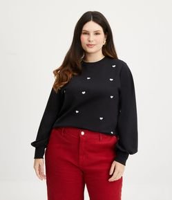Blusa em Moletom com Punho Ajustado e Bordado de Corações Curve & Plus Size