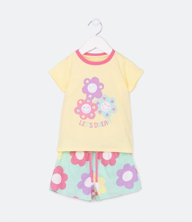 Pijama Curto Infantil com Estampa de Margaridinhas - Tam 2 a 4 Anos Amarelo 1