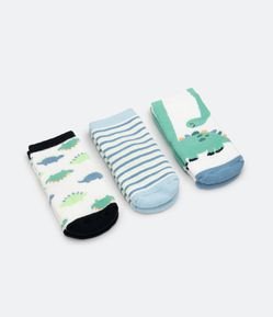 Kit 03 Pares de Meias Infantis Peluciadas com Antiderrapante e Estampa de Dinos - Tam 0 a 12 meses