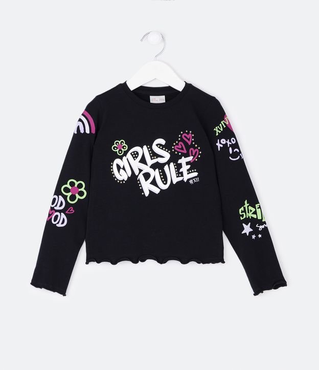 Blusa Infantil en Jersey con Estampado Girls Rule - Talle 5 a 14 años Negro 1