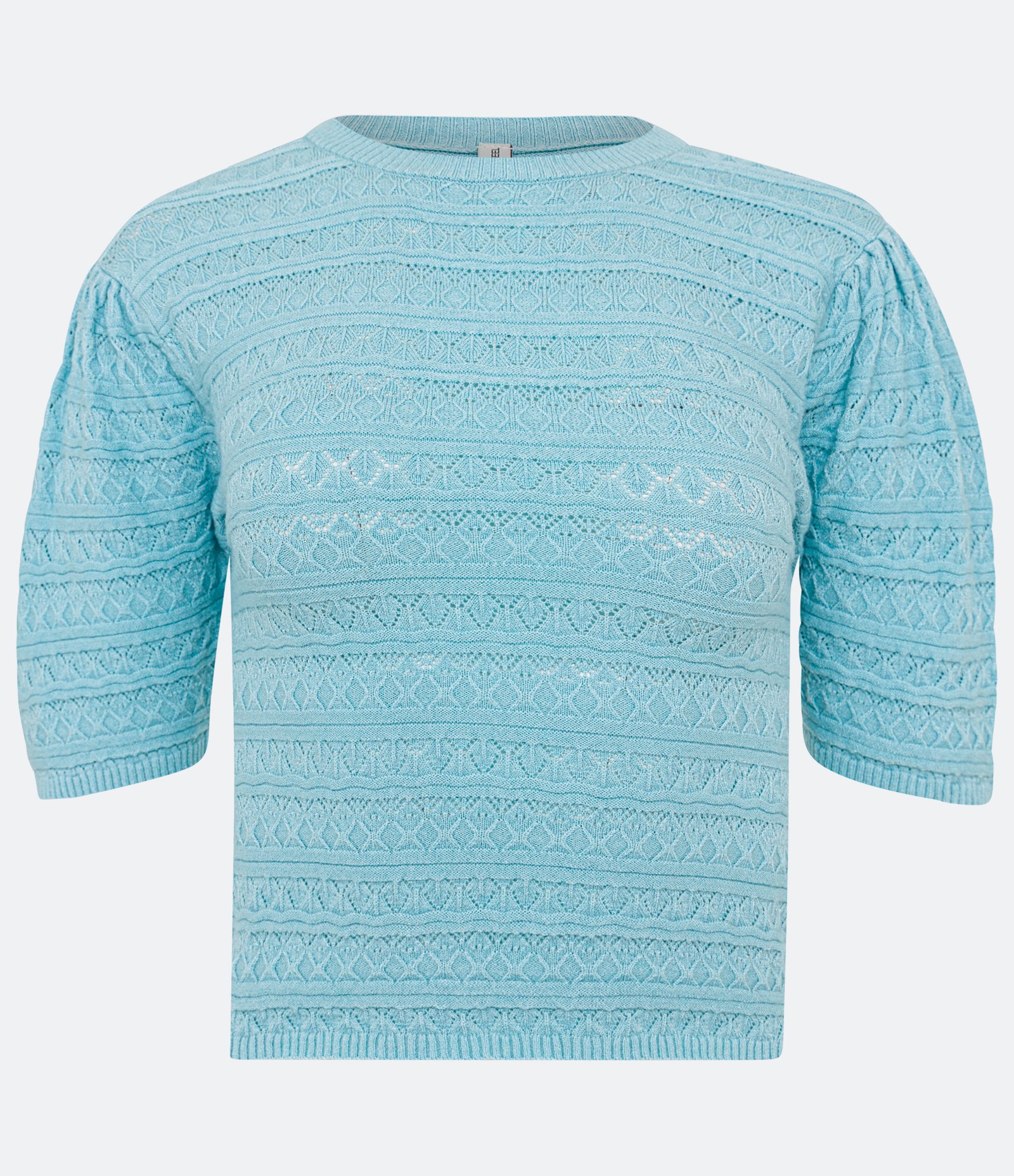 Blusinha Cropped em Tricô com Ponto Diferenciado e Manga Bufante Azul 1