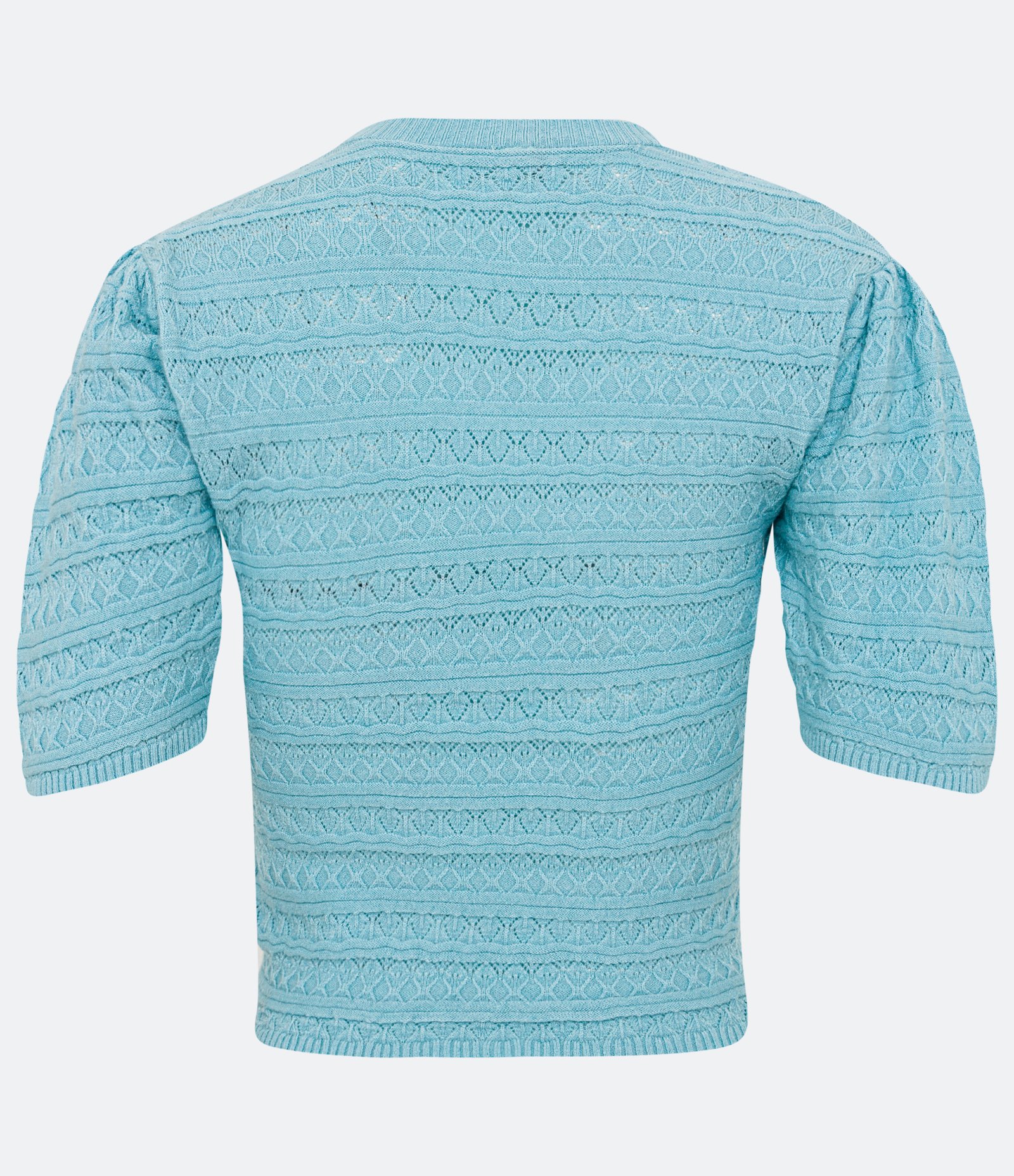 Blusinha Cropped em Tricô com Ponto Diferenciado e Manga Bufante Azul 2