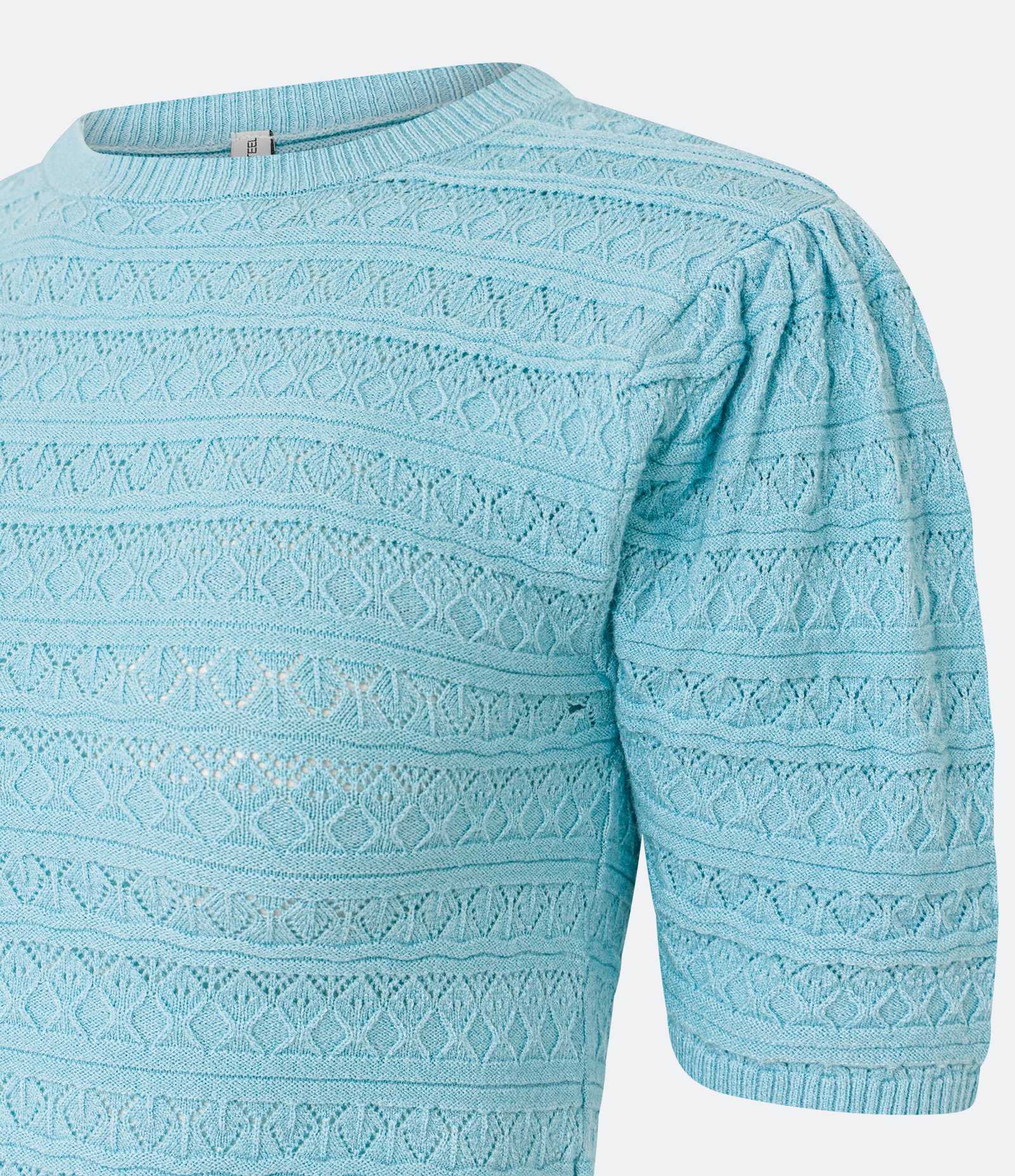 Blusinha Cropped em Tricô com Ponto Diferenciado e Manga Bufante Azul 3