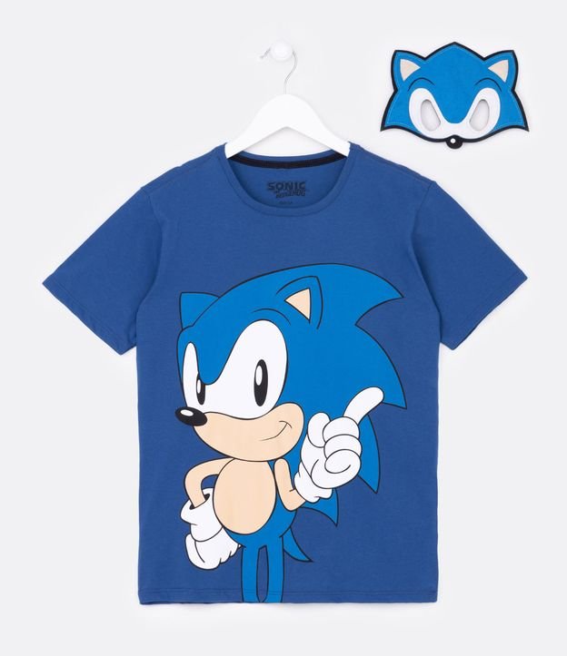 Camiseta Infantil com Estampa do Sonic e Máscara Interativa - Tam 4 a 12 Anos - Cor: Azul - Tamanho: 7-8
