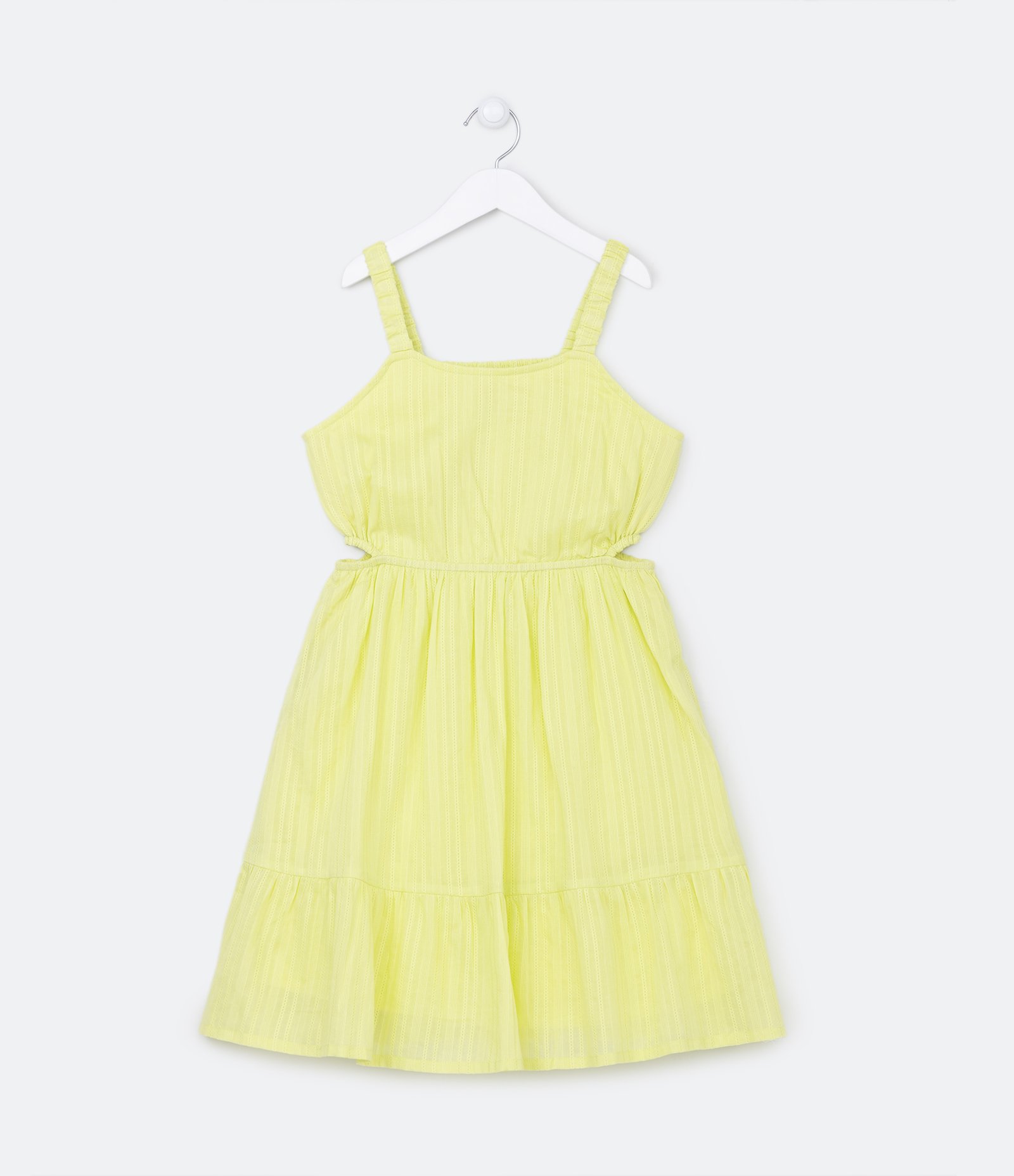 Vestido Marias Infantil em Tricoline Liso com Mordidinha Lateral Amarelo Lima 1