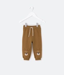 Calça Infantil em Moletom com Carinha de Urso e Orelhas Aplicadas - Tam 0 a 18 meses