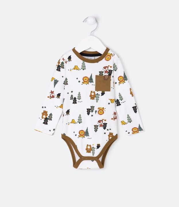 Body Infantil em Cotton com Bolsinho e Estampa Bichinhos e Pinheiros - Tam 0 a 18 meses