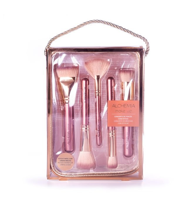 Kit com 5 pincéis de Maquiagem com Estojo Dourado Alchemia . 5