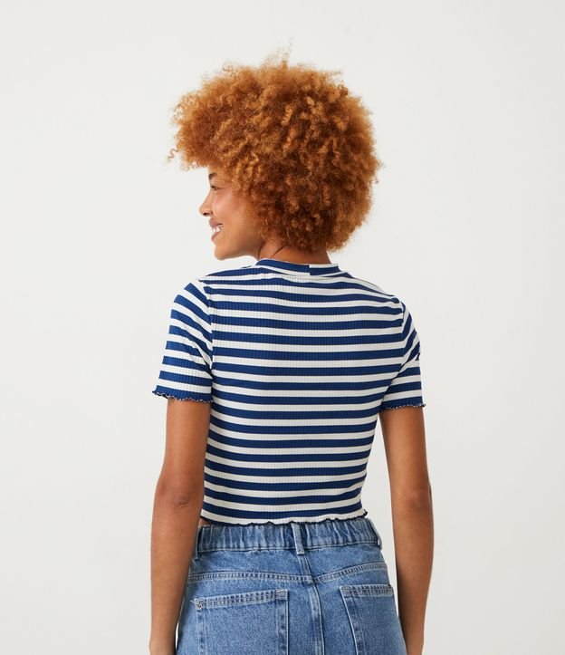 Blusa em RIbana Listrada com Manga Curta e Babados Azul e Branco 3