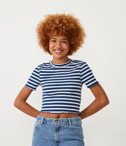 Blusa em RIbana Listrada com Manga Curta e Babados