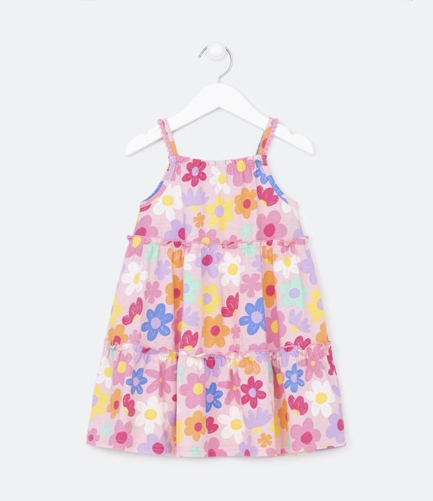 Vestido Marias Infantil com Mini Pompons nas Alças e Estampa Floral - Tam 1 a 5 Anos