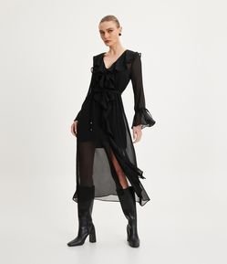 Vestido Curto em Chiffon com Babados no Decote e Mangas