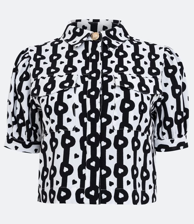 Camisa em Crepe com Manga Bufante e Botão Detalhado na Gola Preto/ Branco 6