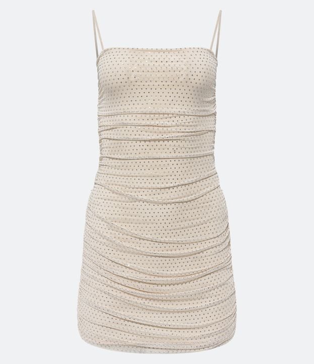 Vestido Corto en Tul con Brillos Aplicados y Fruncidos Laterales Beige 5