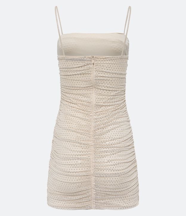Vestido Corto en Tul con Brillos Aplicados y Fruncidos Laterales Beige 7