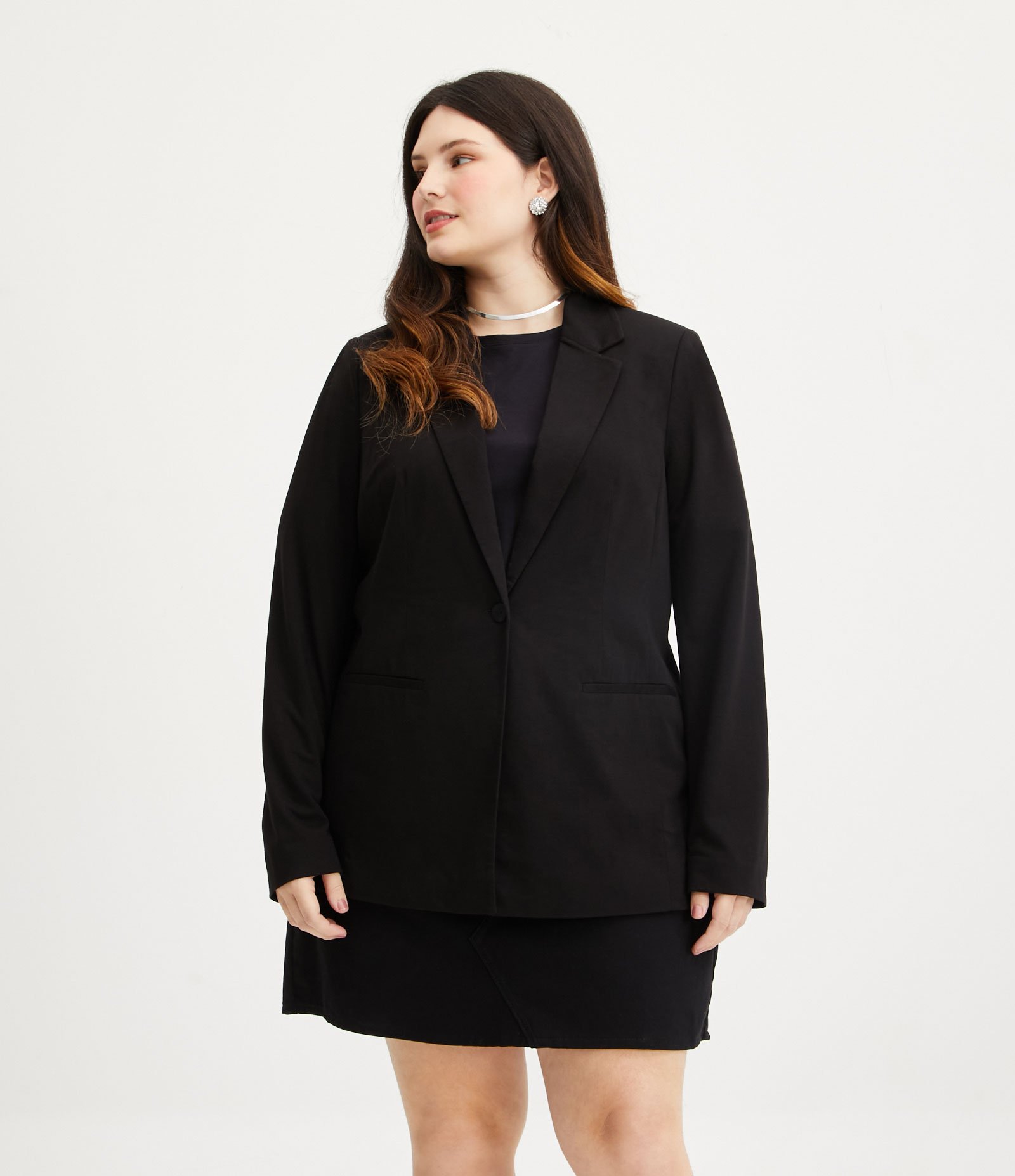 Blazer Básico em Malha com Botão Curve & Plus Size Preto 1