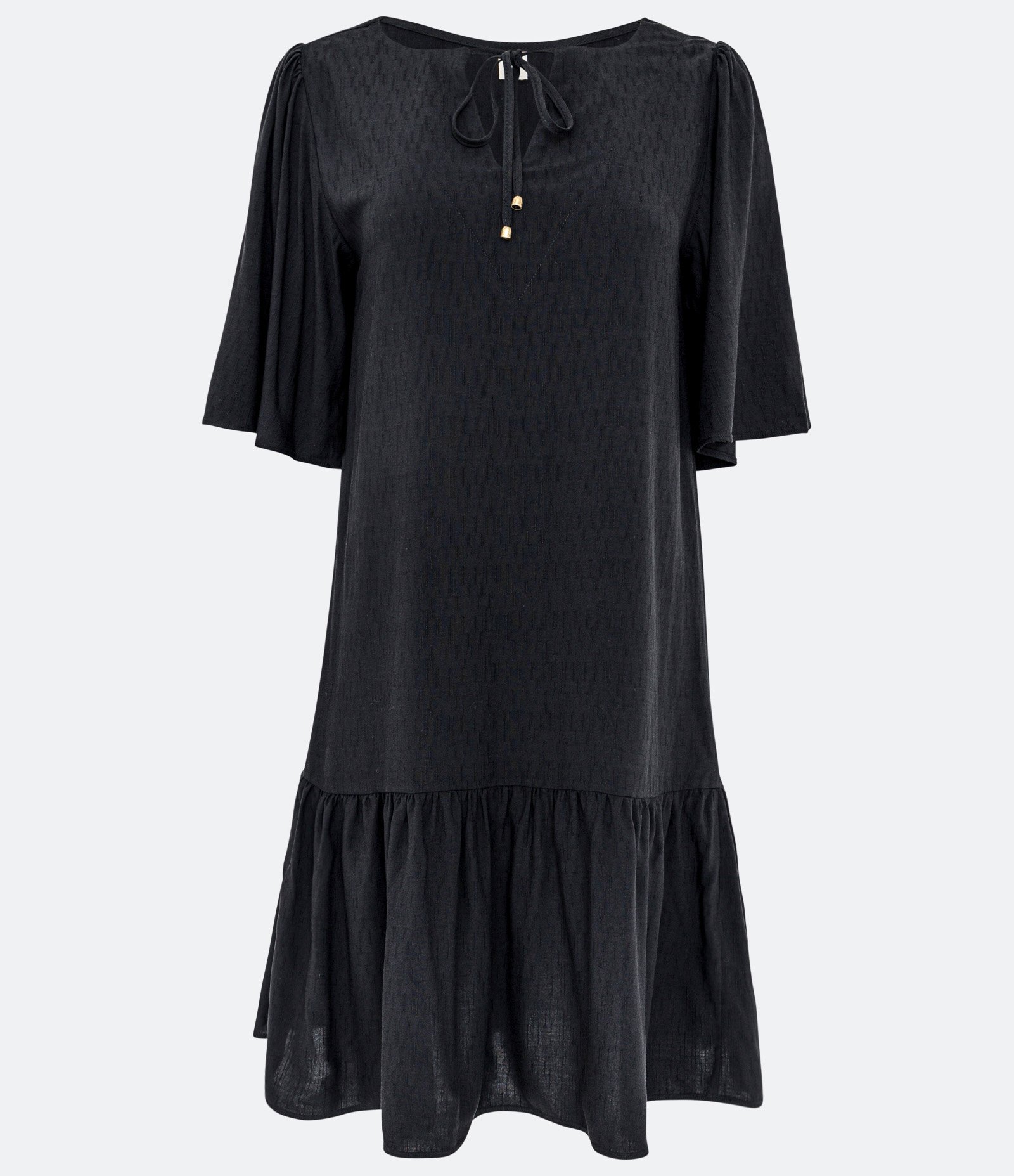 Vestido Curto em Flamê com Textura e Amarração no Decote Preto 1